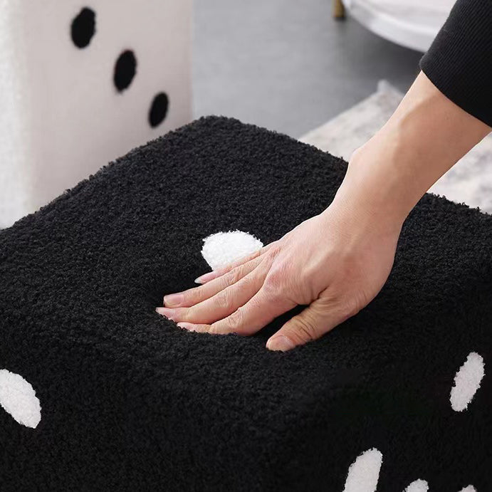 Contemporary Creative Sherpa Fleece &amp; Solid Wood Cube Dice-Shaped Low Stool With Non-Slip Pads For Bedroom &amp; Living Room