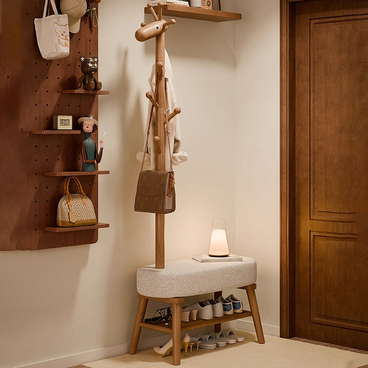 Contemporary Creative Beech Wood Solid Wood Lamb Fleece Rectangular Giraffe Shoe Bench Multi-functional Hall Tree For Entryway