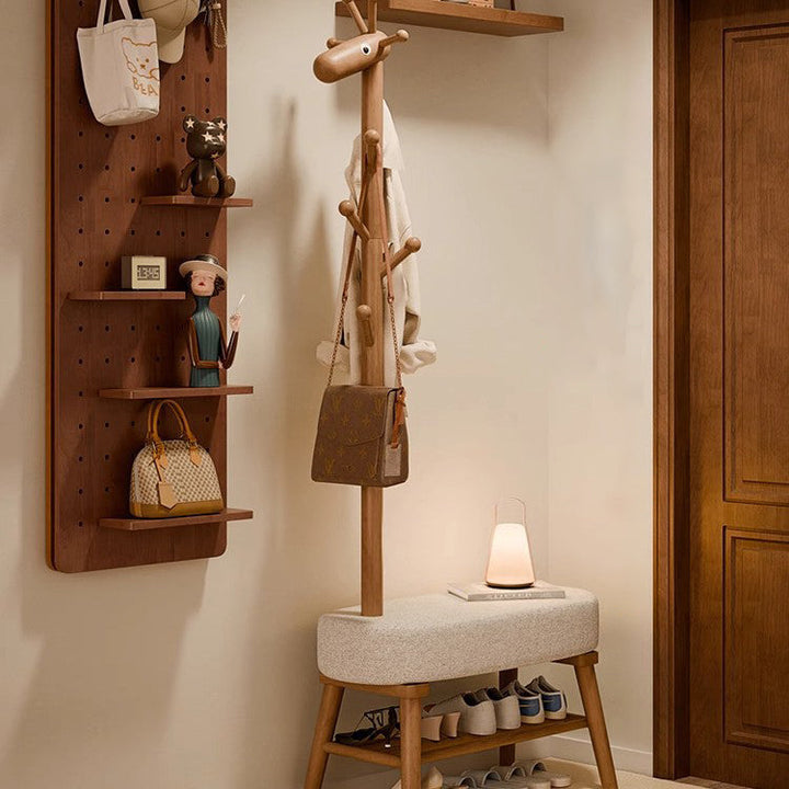 Contemporary Creative Beech Wood Solid Wood Lamb Fleece Rectangular Giraffe Shoe Bench Multi-functional Hall Tree For Entryway