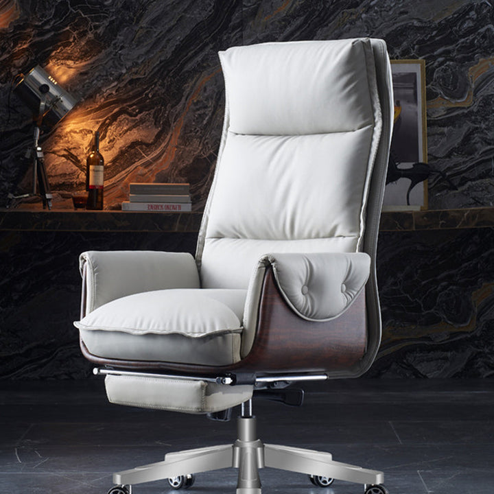 Modern Luxury Genuine Leather Wood &amp; Aluminum Rectangular Back Desk Chair With Footrest &amp; Wheels For Study &amp; Home Office