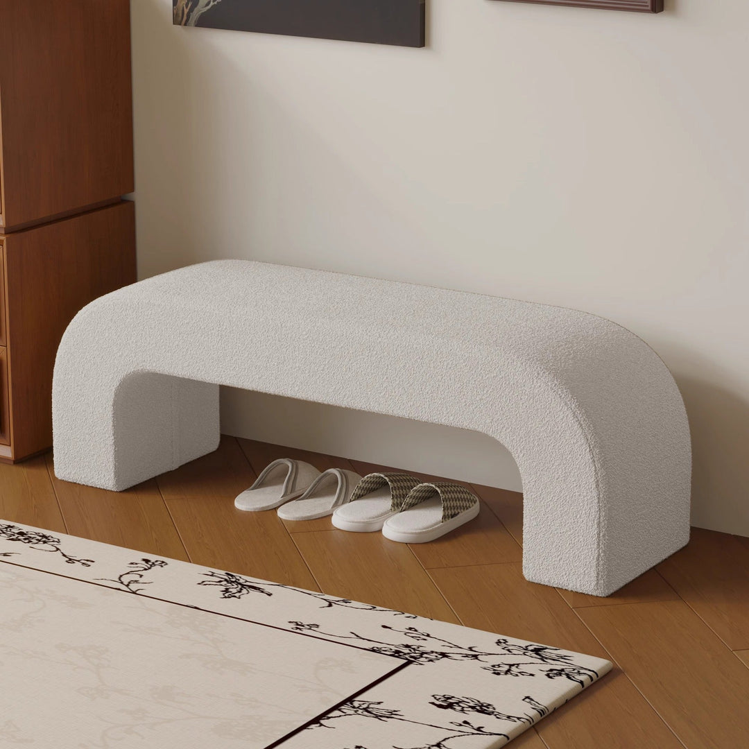 Modern Minimalist Wood Sherpa Fabric And PU Leather Rectangular Bench For Entryway And Living Room