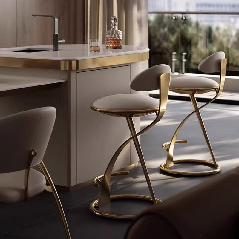 Modern Luxury Microfiber Leather &amp; Stainless Steel Round Bar Stool Backrest &amp; Footrest For Kitchen &amp; Bar
