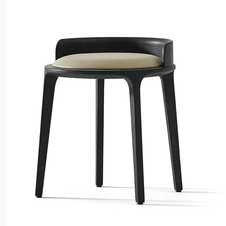 Contemporary Retro Ash Oak Wood Faux Leather Round Vanity Stool With Backrest For Bedroom