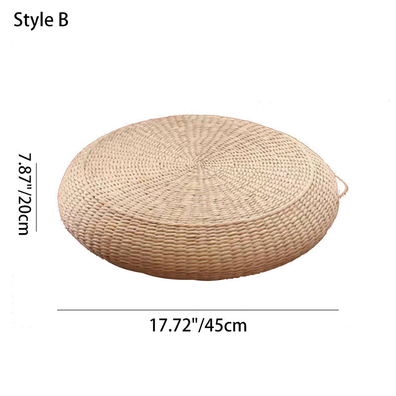 Traditional Japanese Weaving Rush Grass Cotton Round Cushion Low Stool Stackable For Living Room