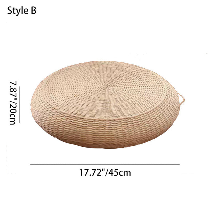 Traditional Japanese Weaving Rush Grass Cotton Round Cushion Low Stool Stackable For Living Room
