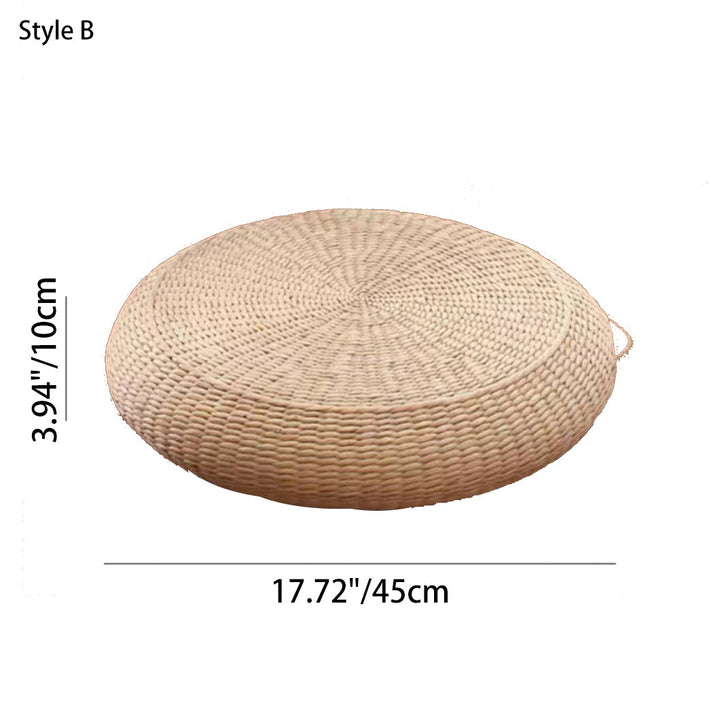 Traditional Japanese Weaving Rush Grass Cotton Round Cushion Low Stool Stackable For Living Room