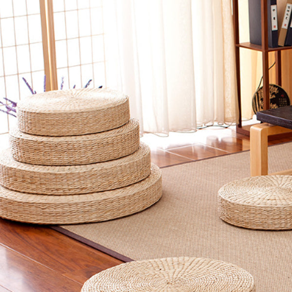 Traditional Japanese Weaving Rush Grass Cotton Round Cushion Low Stool Stackable For Living Room