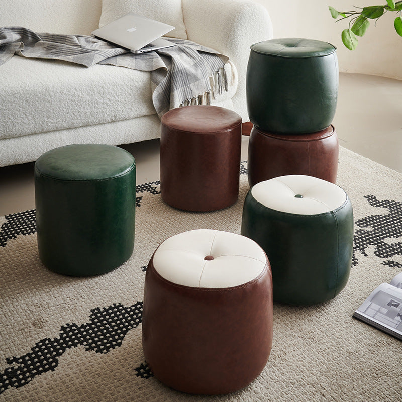 Contemporary Retro Oil Wax Leather Wood Round Button Stackable Footstool For Entryway &amp; Living Room