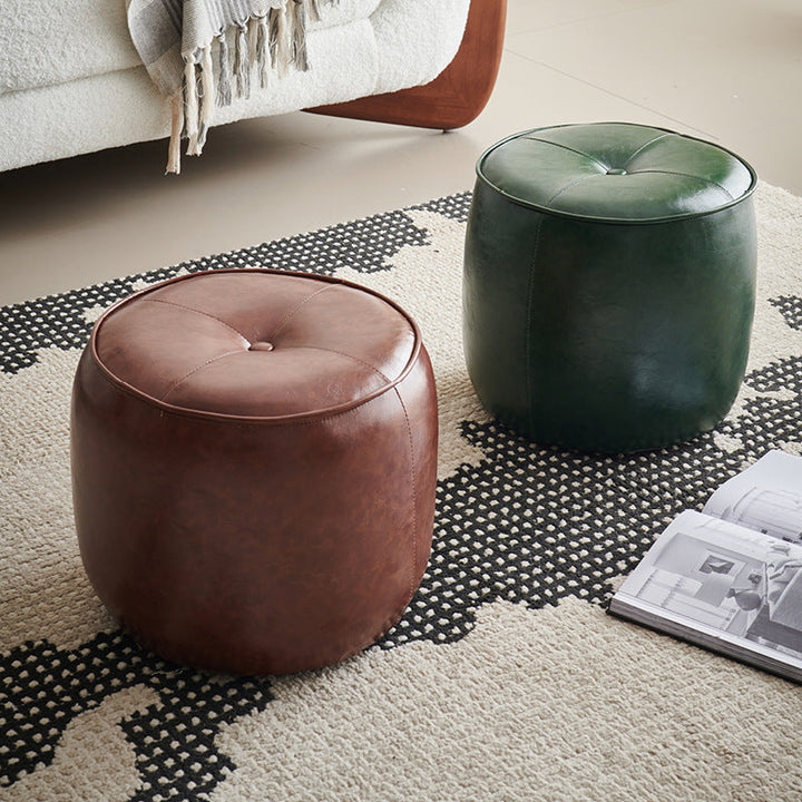 Contemporary Retro Oil Wax Leather Wood Round Button Stackable Footstool For Entryway &amp; Living Room