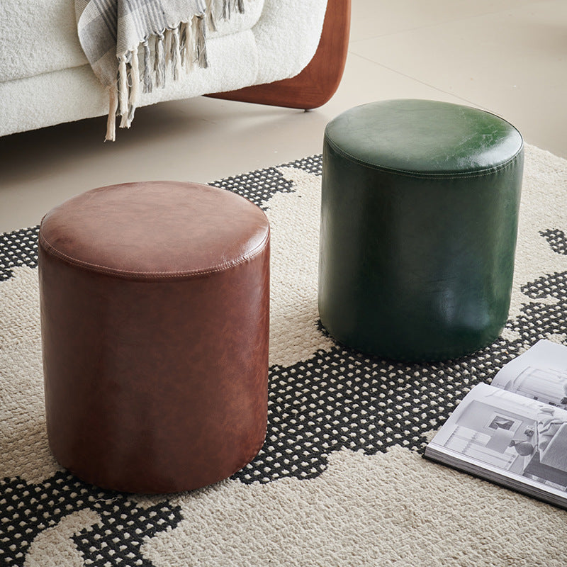 Contemporary Retro Oil Wax Leather Wood Round Button Stackable Footstool For Entryway &amp; Living Room