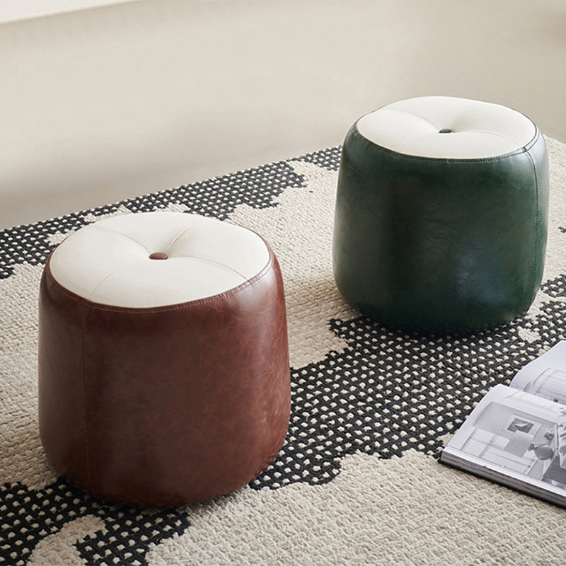 Contemporary Retro Oil Wax Leather Wood Round Button Stackable Footstool For Entryway &amp; Living Room