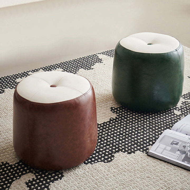 Contemporary Retro Oil Wax Leather Wood Round Button Stackable Footstool For Entryway &amp; Living Room