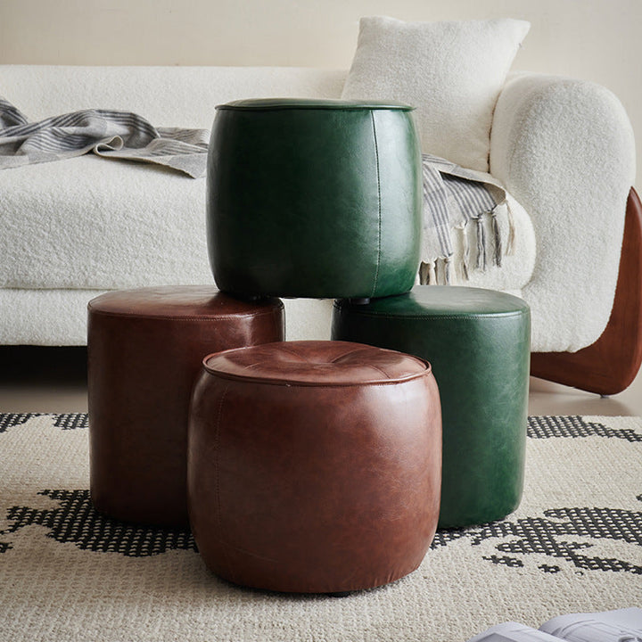 Contemporary Retro Oil Wax Leather Wood Round Button Stackable Footstool For Entryway &amp; Living Room