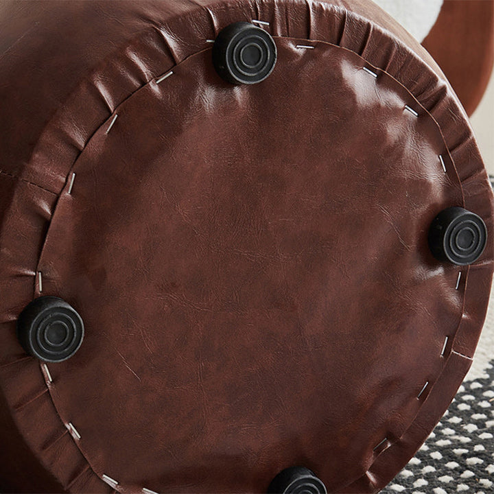 Contemporary Retro Oil Wax Leather Wood Round Button Stackable Footstool For Entryway &amp; Living Room