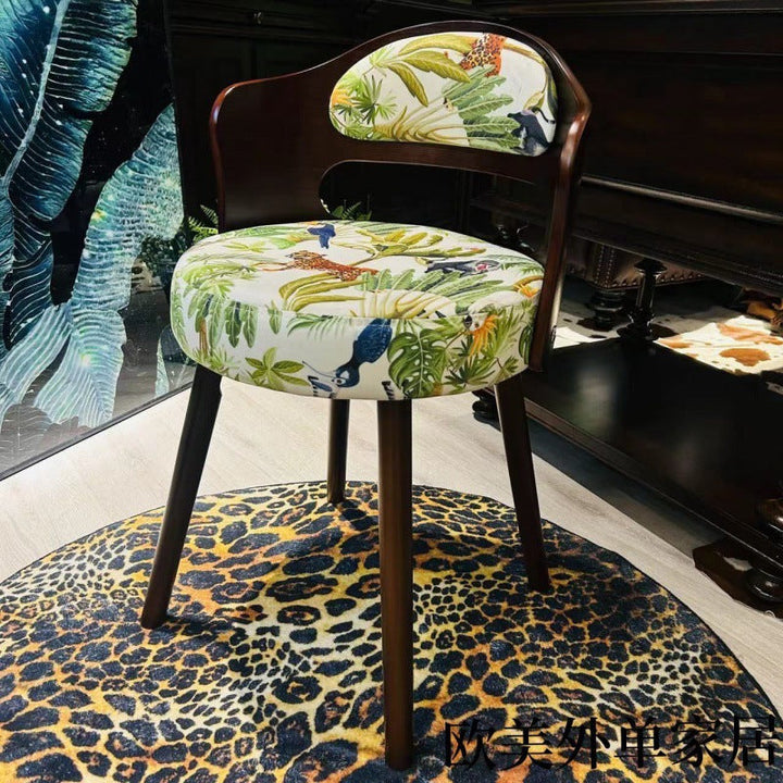 Contemporary Retro Swivel Round Upholstered Solid Wood Frame Fabric Vanity Stool Backrest For Bedroom