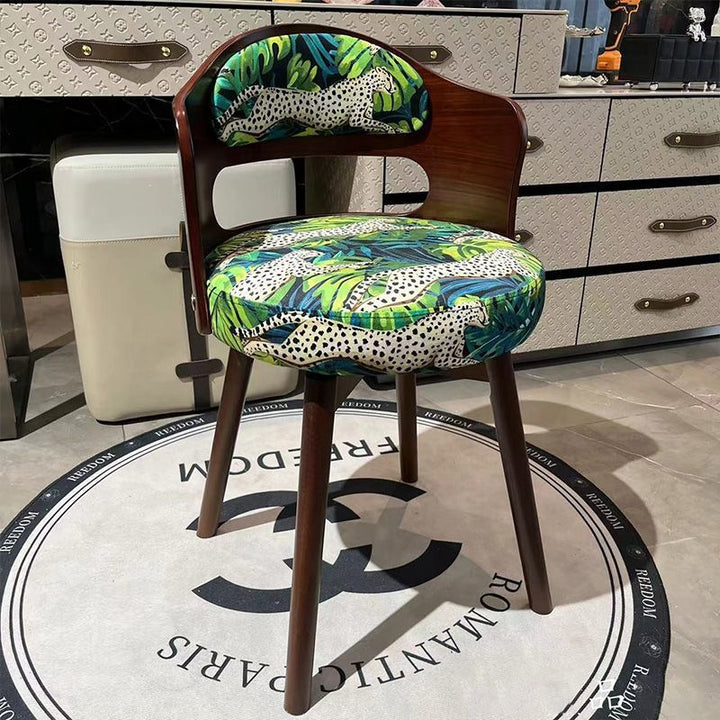 Contemporary Retro Swivel Round Upholstered Solid Wood Frame Fabric Vanity Stool Backrest For Bedroom