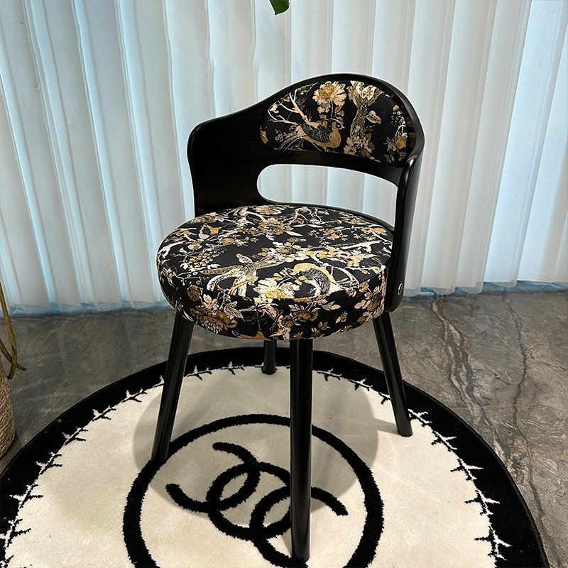 Contemporary Retro Swivel Round Upholstered Solid Wood Frame Fabric Vanity Stool Backrest For Bedroom