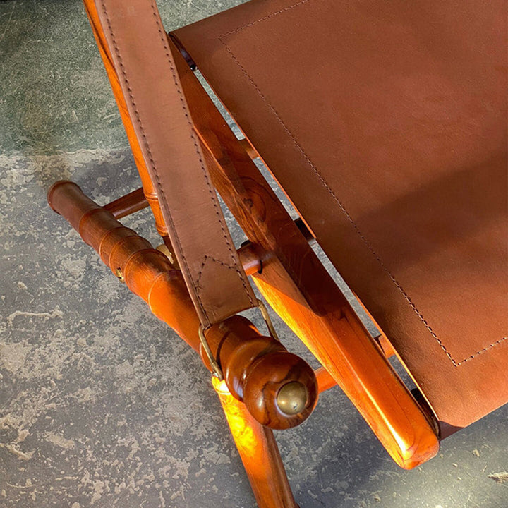 Traditional Vintage Saddle Leather Wooden Square Foldable Armchair Backrest For Living Room