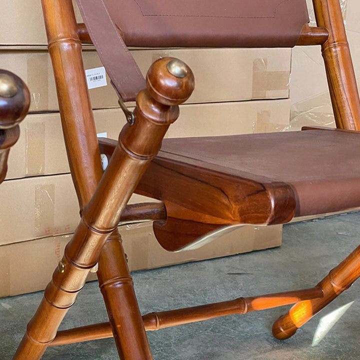 Traditional Vintage Saddle Leather Wooden Square Foldable Armchair Backrest For Living Room