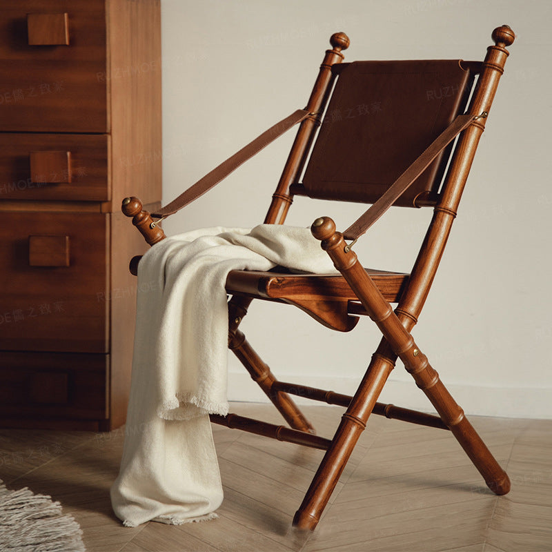 Traditional Vintage Saddle Leather Wooden Square Foldable Armchair Backrest For Living Room