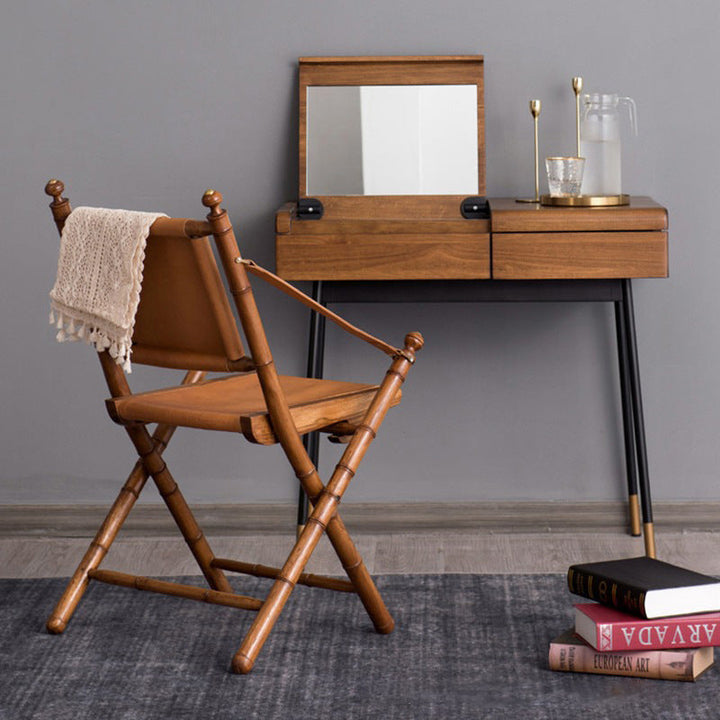 Traditional Vintage Saddle Leather Wooden Square Foldable Armchair Backrest For Living Room