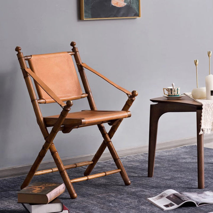 Traditional Vintage Saddle Leather Wooden Square Foldable Armchair Backrest For Living Room