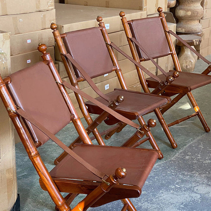Traditional Vintage Saddle Leather Wooden Square Foldable Armchair Backrest For Living Room