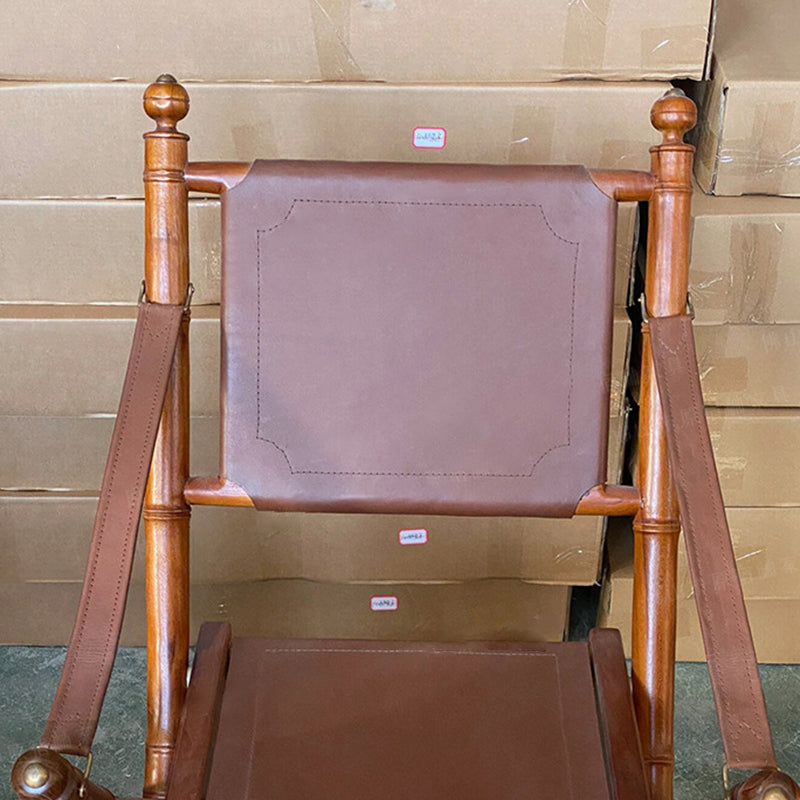 Traditional Vintage Saddle Leather Wooden Square Foldable Armchair Backrest For Living Room