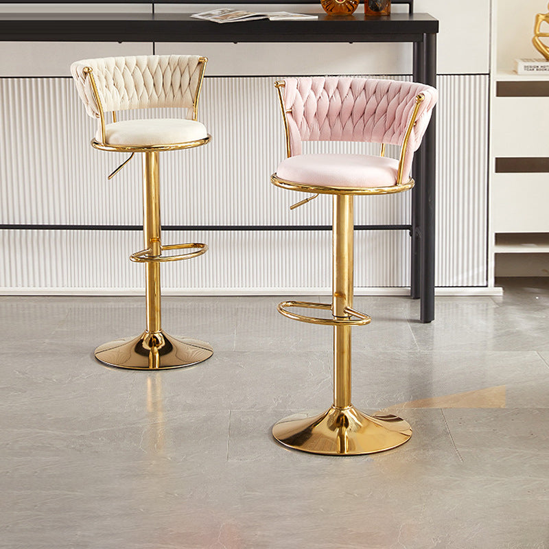 Contemporary Nordic Round Velvet Iron Swivel Height-adjustable Bar Stool Backrest Armless For Dining Room &amp; Kitchen