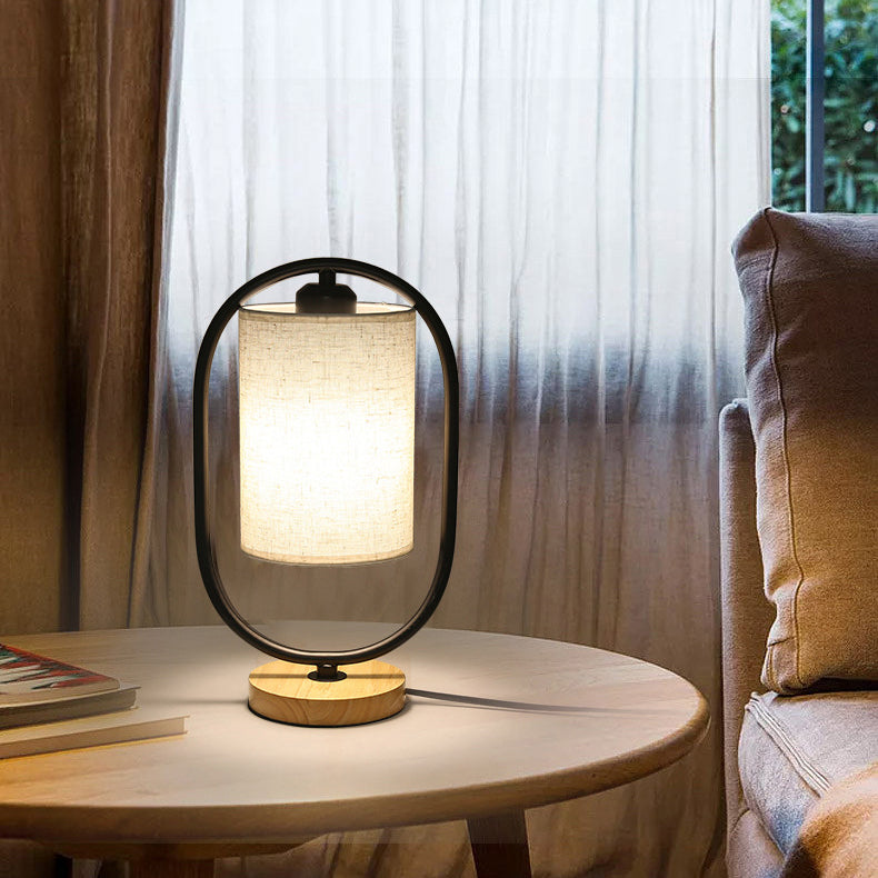 Contemporary Scandinavian Cylinder Solid Wood Fabric Metal 1-Light Table Lamp For Bedroom
