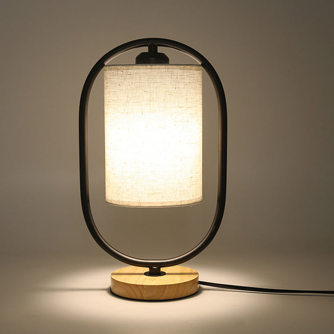 Contemporary Scandinavian Cylinder Solid Wood Fabric Metal 1-Light Table Lamp For Bedroom
