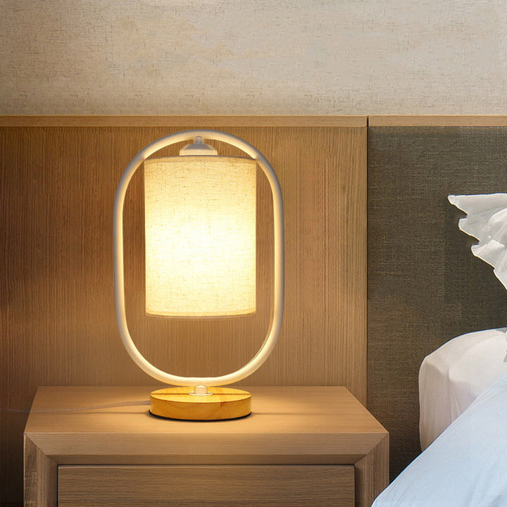 Contemporary Scandinavian Cylinder Solid Wood Fabric Metal 1-Light Table Lamp For Bedroom