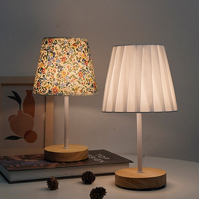 Modern Minimalist Trapezoidal Solid Wood Fabric LED Table Lamp For Bedroom