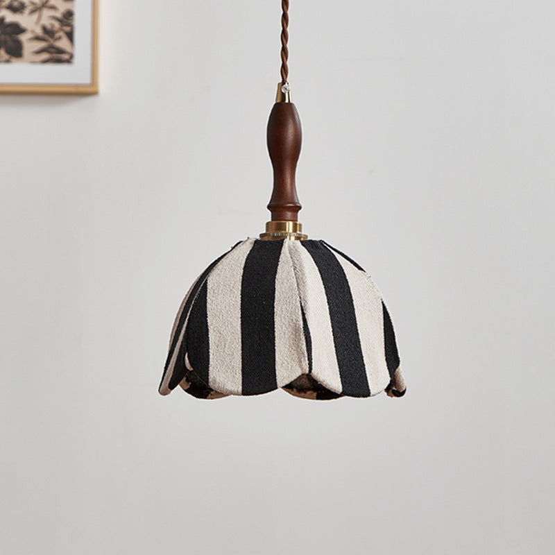 Modern Mid-Century Fabric &amp; Wood Wavy Dome 1-Light Pendant Light For Bedroom &amp; Living Room