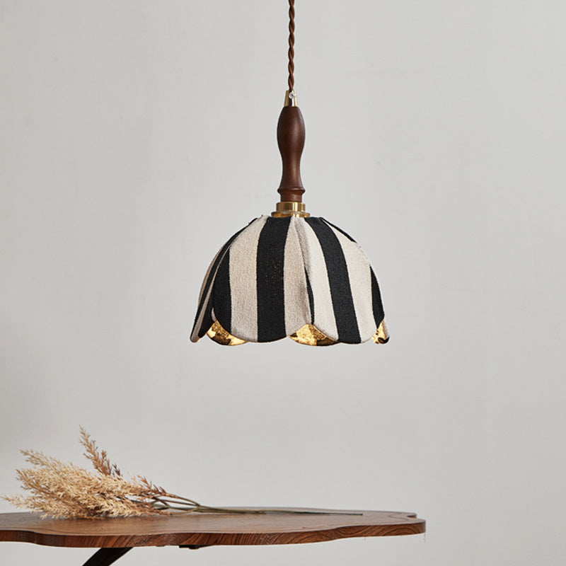 Modern Mid-Century Fabric &amp; Wood Wavy Dome 1-Light Pendant Light For Bedroom &amp; Living Room