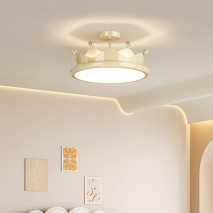 Contemporary Creative Iron Crystal PE Round Crown LED Semi-Flush Mount Ceiling Light For Bedroom