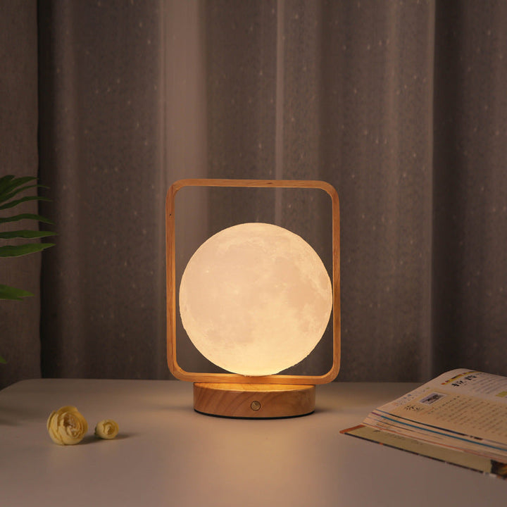 Modern Minimalist Rubberwood And Iron PVC Rectangular Frame 3D Printed Moon LED Table Lamp For Bedroom