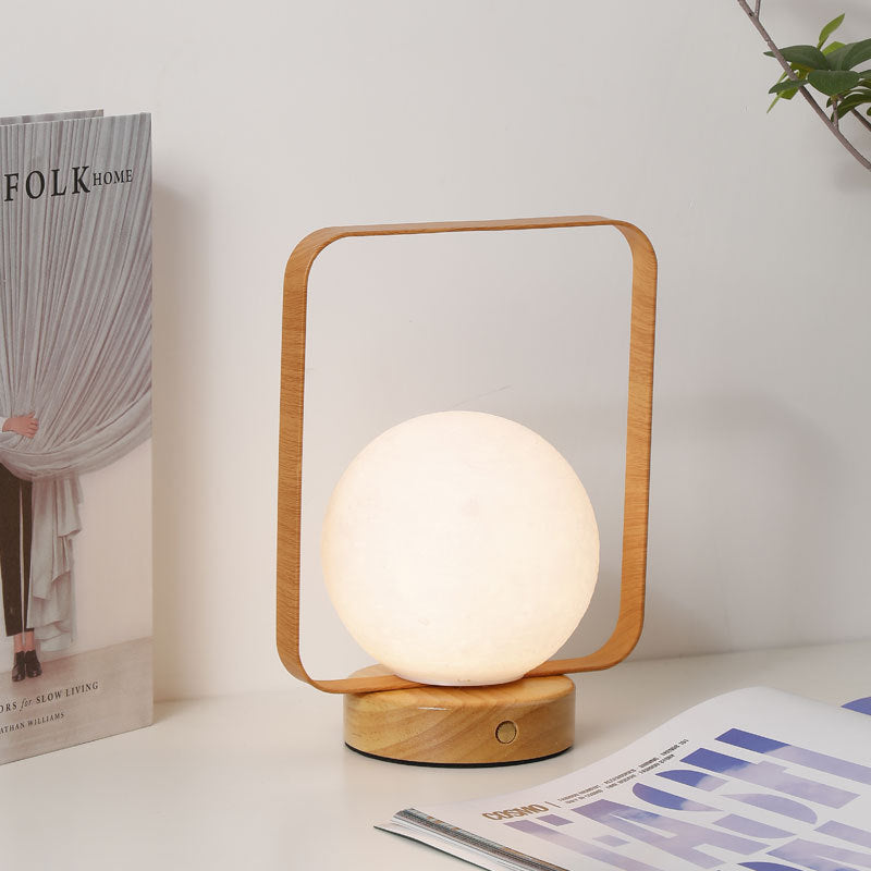 Modern Minimalist Rubberwood And Iron PVC Rectangular Frame 3D Printed Moon LED Table Lamp For Bedroom