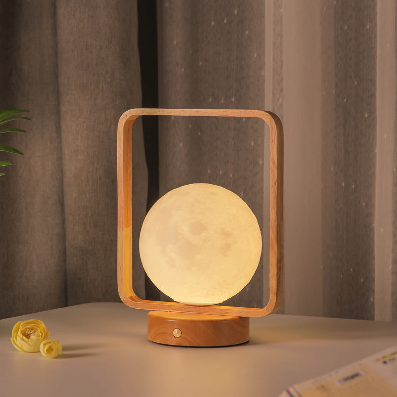 Modern Minimalist Rubberwood And Iron PVC Rectangular Frame 3D Printed Moon LED Table Lamp For Bedroom