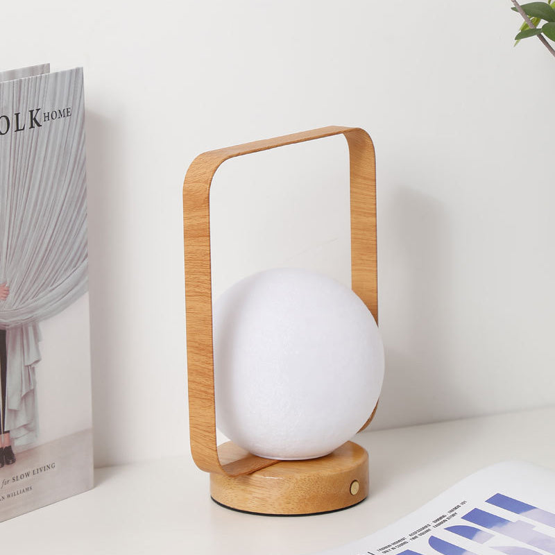 Modern Minimalist Rubberwood And Iron PVC Rectangular Frame 3D Printed Moon LED Table Lamp For Bedroom