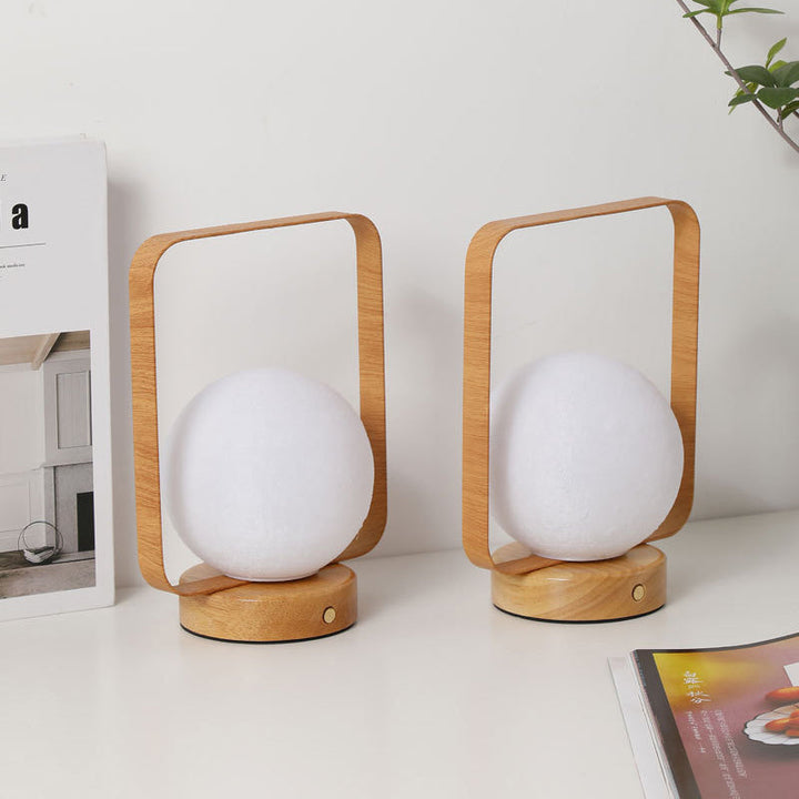 Modern Minimalist Rubberwood And Iron PVC Rectangular Frame 3D Printed Moon LED Table Lamp For Bedroom