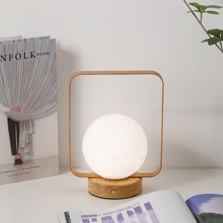 Modern Minimalist Rubberwood And Iron PVC Rectangular Frame 3D Printed Moon LED Table Lamp For Bedroom