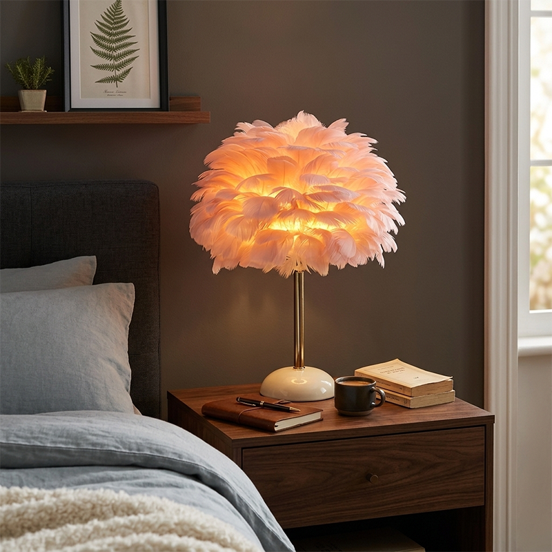 Contemporary Nordic Feather, Iron &amp; Ceramic Round 1-Light Table Lamp For Bedroom And Living Room