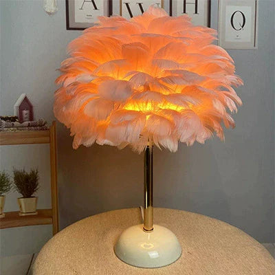 Contemporary Nordic Feather, Iron &amp; Ceramic Round 1-Light Table Lamp For Bedroom And Living Room