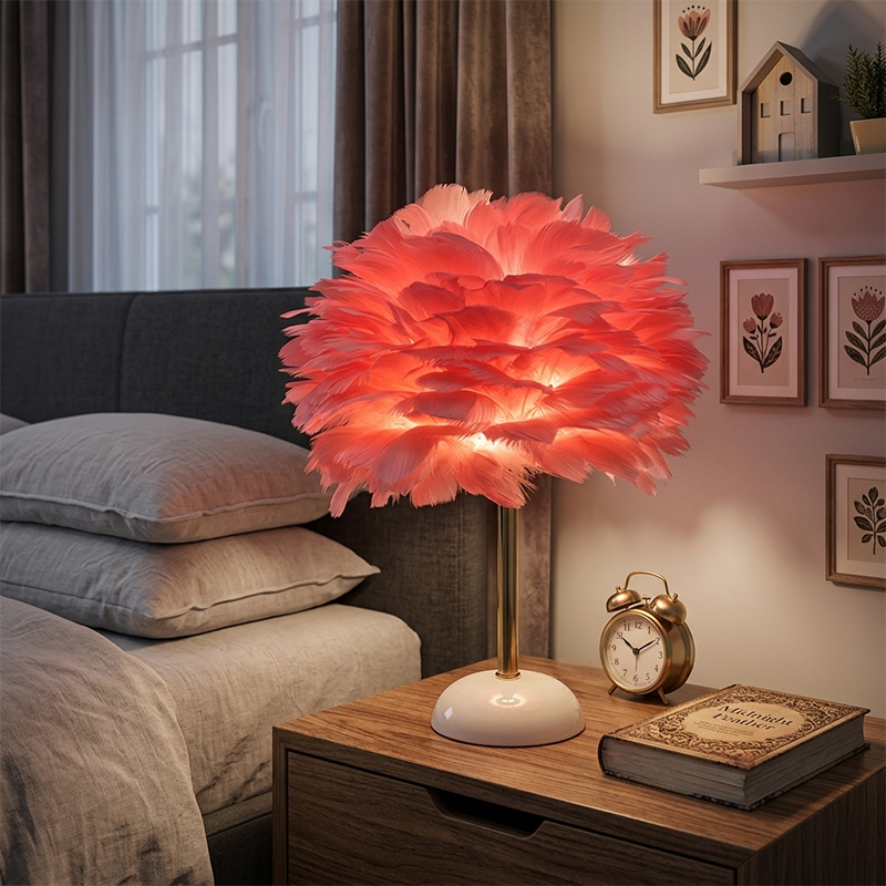 Contemporary Nordic Feather, Iron &amp; Ceramic Round 1-Light Table Lamp For Bedroom And Living Room