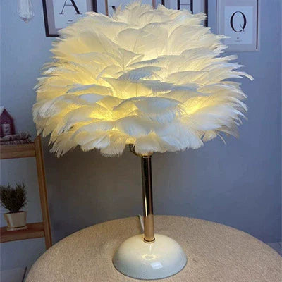 Contemporary Nordic Feather, Iron &amp; Ceramic Round 1-Light Table Lamp For Bedroom And Living Room