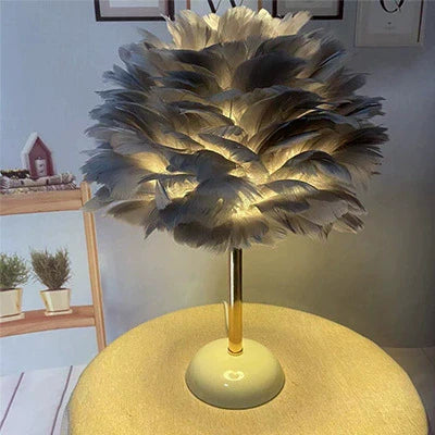 Contemporary Nordic Feather, Iron &amp; Ceramic Round 1-Light Table Lamp For Bedroom And Living Room