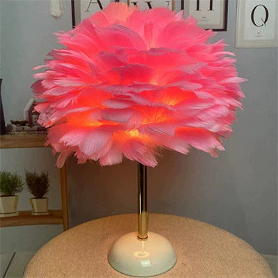 Contemporary Nordic Feather, Iron &amp; Ceramic Round 1-Light Table Lamp For Bedroom And Living Room