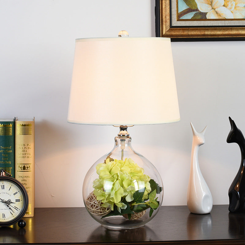 Traditional Rustic Glass &amp; Fabric Round 1-Light Table Lamp For Bedroom And Living Room