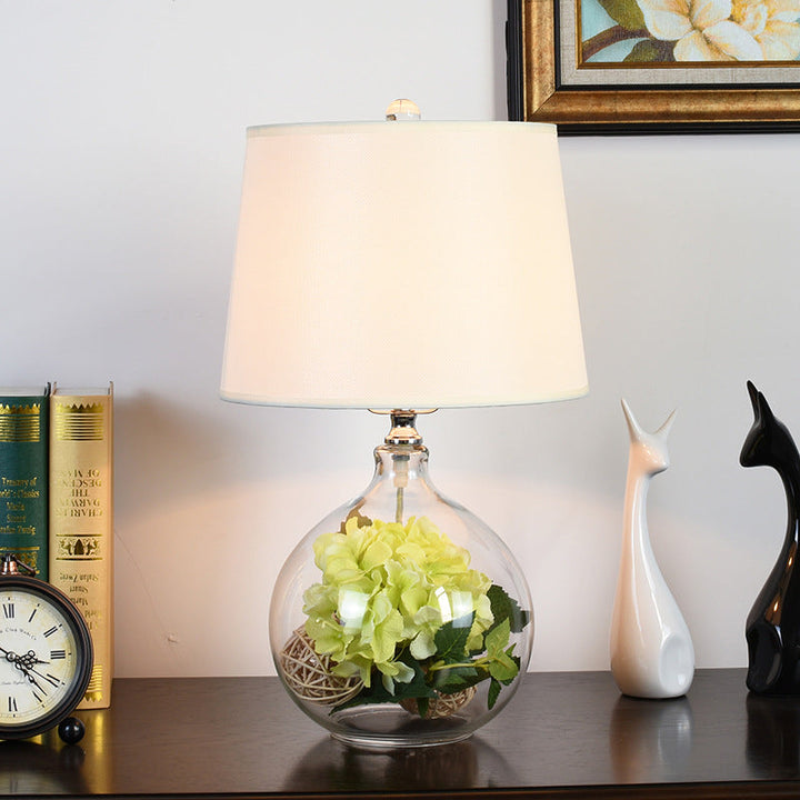 Traditional Rustic Glass &amp; Fabric Round 1-Light Table Lamp For Bedroom And Living Room